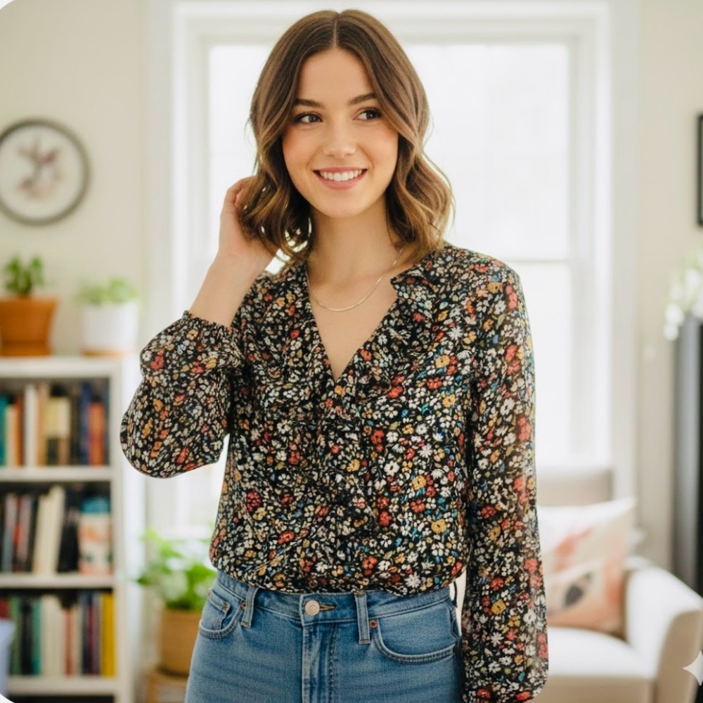 Floral Ruffled Longe Sleeves Blouse